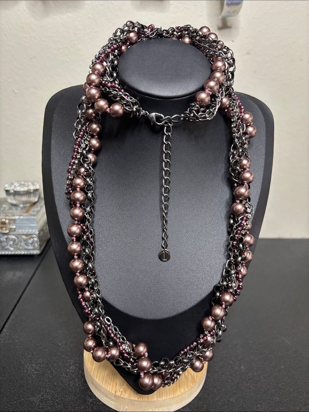Talbots Layered Metallic Plum Pearl & Gunmetal Chain Long Necklace Statement
